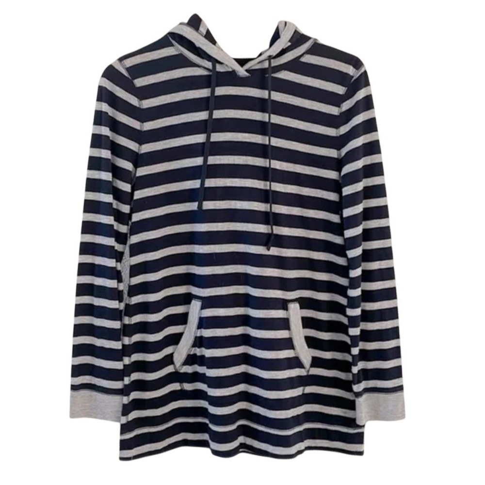T TALBOTS Cotton Blend Jersey NAVY & GRAY STRIPES Hoodie Shirt Top Weekender M